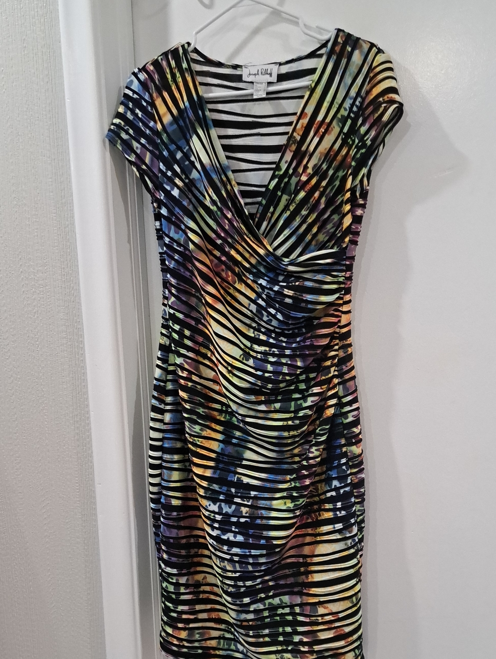 Joseph Ribkoff Rainbow Striped Ruched V-Neck Midi Dress